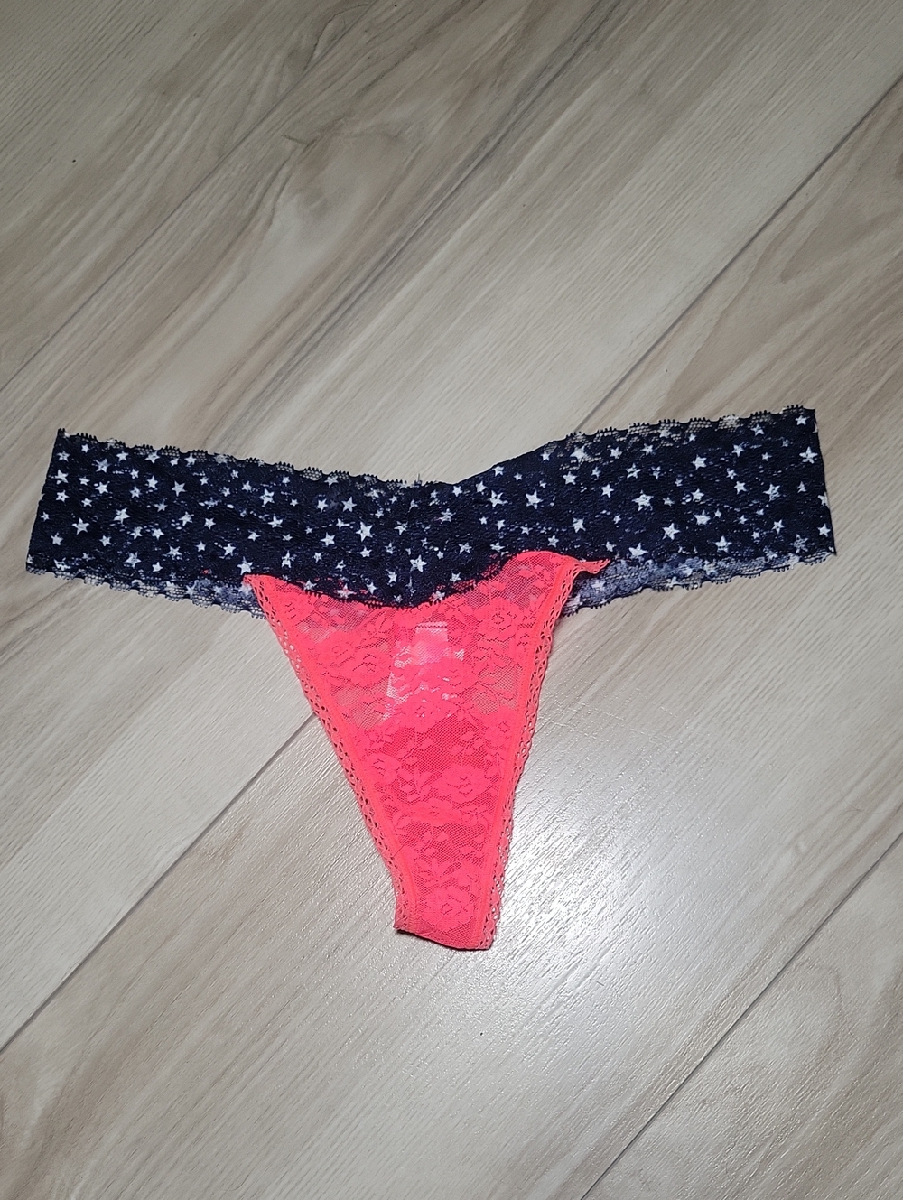 PINK Victoria's Secret Neon Red Lace Thong with Navy Star Waistband